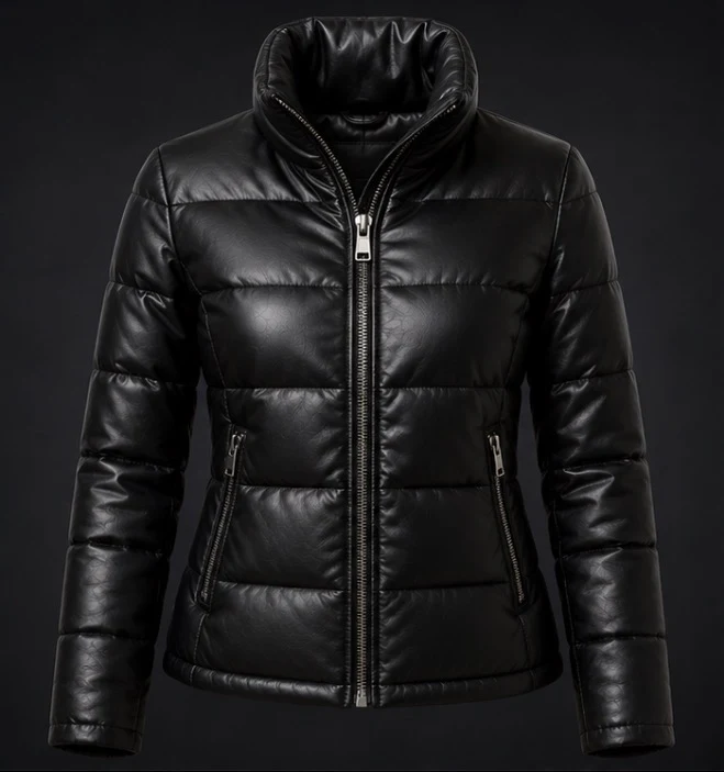 Women's Leather Puffer Jacket, view 1